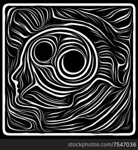 Inner Motion. Life Lines series. Abstract design made of human profile and woodcut pattern related to human drama, poetry and inner symbols