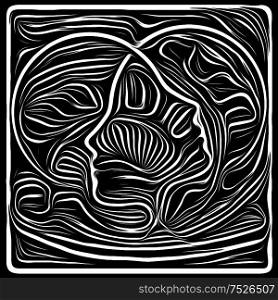 Inner Motion. Life Lines series. Background composition of human profile and woodcut pattern on the subject of human drama, poetry and inner symbols
