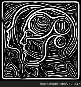Inner Print. Life Lines series. Abstract composition of human profile and woodcut pattern suitable in projects related to human drama, poetry and inner symbols