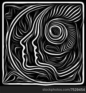 Inner Print. Life Lines series. Design composed of human profile and woodcut pattern on the subject of human drama, poetry and inner symbols