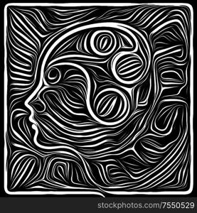 Inner Print. Life Lines series. Design composed of human profile and woodcut pattern on the subject of human drama, poetry and inner symbols
