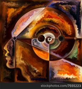 Inner Spiral series. Arrangement of human face outlines and geometric structures on the subject of the mind, soul, inner world, and consciousness.