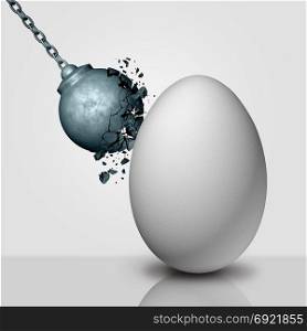 Inner strength concept and stamina or durability metaphor as a wrecking ball being destroyed by an egg as a durability and persistence icon as a 3D render.