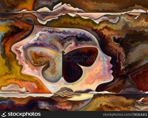 Inner Texture series. Arrangement of human face, colors, organic textures, flowing curves on the subject of inner world, mind, Nature and creativity