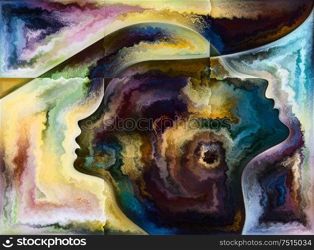 Inner Texture series. Composition of human face, colors, organic textures, flowing curves suitable as a backdrop for the projects on inner world, mind, Nature and creativity