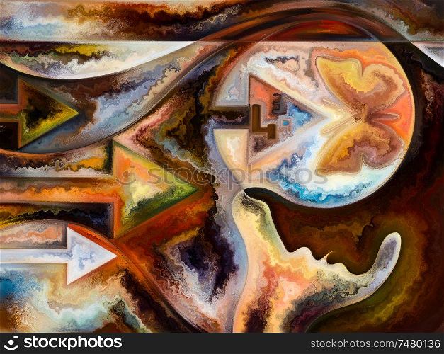 Inner Texture series. Creative arrangement of human face, colors, organic textures, flowing curves as a concept metaphor on subject of inner world, mind, Nature and creativity