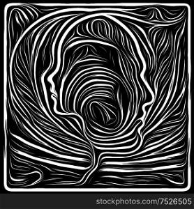 Inner Woodcut. Life Lines series. Abstract arrangement of human profile and woodcut pattern suitable for projects on human drama, poetry and inner symbols