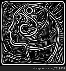 Inner Woodcut. Life Lines series. Background design of human profile and woodcut pattern relevant for human drama, poetry and inner symbols