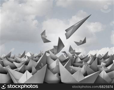 Innovation and opportunity concept as a paper airplane breaking out from a group of origami boats as a business success metaphor for change and evolution in strategy to succeed in a 3D illustration style.
