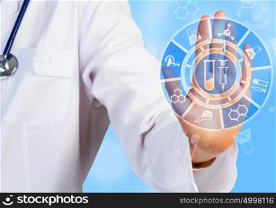 Innovation in modern medicine. Close up of woman doctor touching icon of media screen