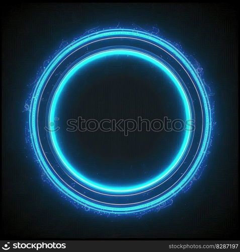 Innovation of circle frame with blue neon light effects overlapped geometry in concept. Finest generative AI.. Innovation of circle frame with blue neon light effects.