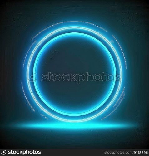 Innovation of circle frame with blue neon light effects overlapped geometry in concept. Finest generative AI.. Innovation of circle frame with blue neon light effects.