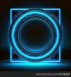 Innovation of circle frame with blue neon light effects overlapped geometry in concept. Finest generative AI.. Innovation of circle frame with blue neon light effects.