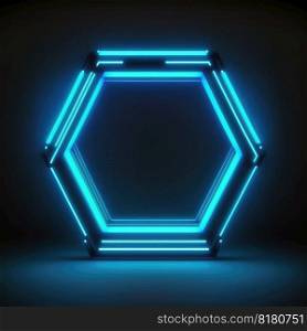 Innovation of hexagon border frame with blue neon light effects overlapped geometry in concept. Finest generative AI.. Innovation of hexagon border frame with blue neon light effects.