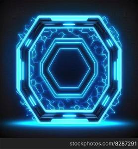 Innovation of hexagon border frame with blue neon light effects overlapped geometry in concept. Finest generative AI.. Innovation of hexagon border frame with blue neon light effects.