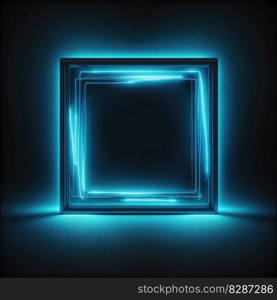 Innovation of square border frame with blue neon light effects overlapped geometry in concept. Finest generative AI.. Innovation of square border frame with blue neon light effects.