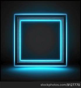 Innovation of square border frame with blue neon light effects overlapped geometry in concept. Finest generative AI.. Innovation of square border frame with blue neon light effects.