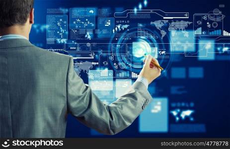 Innovation technologies. Back view of businessman touching icon of media screen