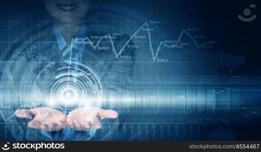Innovation technologies. Close up of businesswoman presenting business media concept on palms