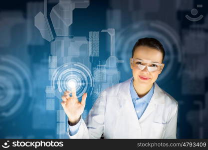 Innovation technologies. Image of young woman scientist touching icon of media screen