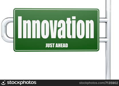 Innovation word on green road sign, 3D rendering