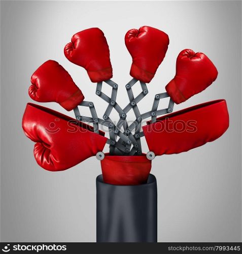 Innovative competitor business concept as an open big boxing glove with four other red gloves emerging out as a game changer strategy symbol for competitive innovator advantage through clever invention.