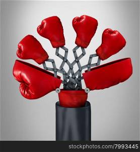 Innovative competitor business concept as an open big boxing glove with four other red gloves emerging out as a game changer strategy symbol for competitive innovator advantage through clever invention.