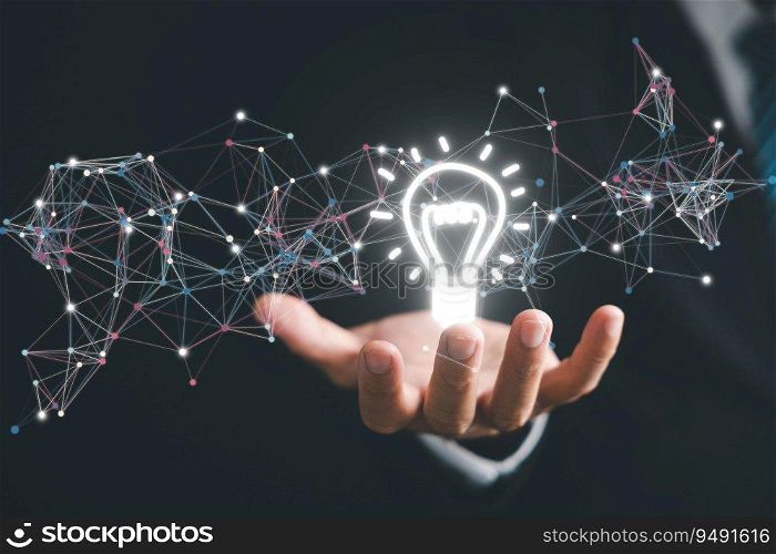 Innovative concept illustrated by person holding a light bulb. creative thinking process and generation of new ideas. bright solutions and energy bring to businesses and technological advancements.