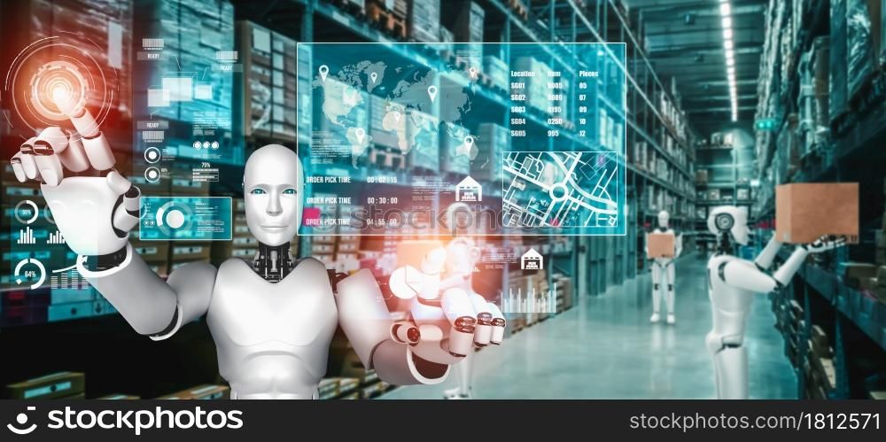 Innovative industry robot working in warehouse for human labor replacement . Concept of artificial intelligence for industrial revolution and automation manufacturing process .. Innovative industry robot working in warehouse for human labor replacement