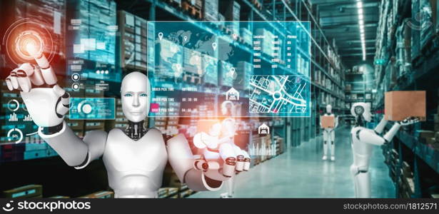 Innovative industry robot working in warehouse for human labor replacement . Concept of artificial intelligence for industrial revolution and automation manufacturing process .. Innovative industry robot working in warehouse for human labor replacement