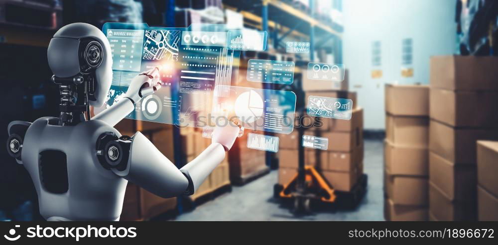 Innovative industry robot working in warehouse for human labor replacement . Concept of artificial intelligence for industrial revolution and automation manufacturing process .. Innovative industry robot working in warehouse for human labor replacement