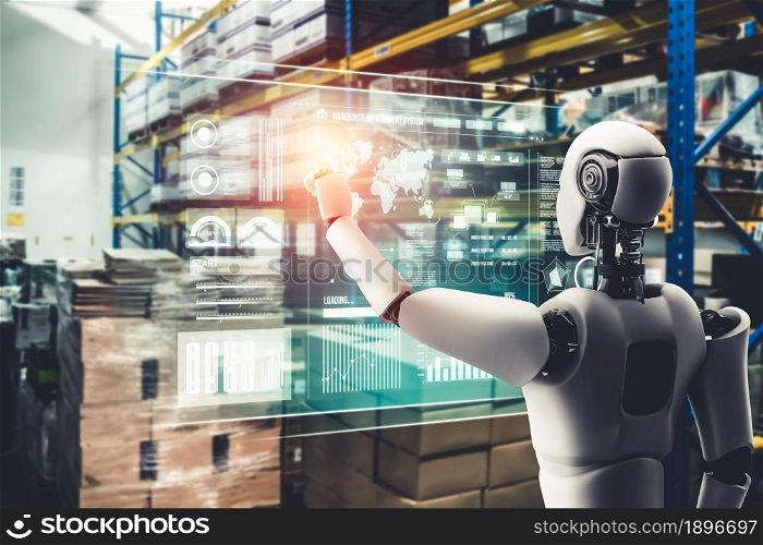 Innovative industry robot working in warehouse for human labor replacement . Concept of artificial intelligence for industrial revolution and automation manufacturing process .. Innovative industry robot working in warehouse for human labor replacement