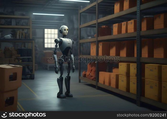 Innovative industry robot working in warehouse for human labor replacement . Concept of artificial intelligence for industrial revolution. Neural network AI generated art. Innovative industry robot working in warehouse for human labor replacement . Concept of artificial intelligence for industrial revolution. Neural network AI generated