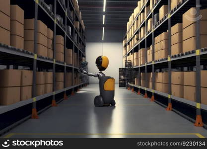 Innovative industry robot working in warehouse for human labor replacement . Concept of artificial intelligence for industrial revolution. Neural network AI generated art. Innovative industry robot working in warehouse for human labor replacement . Concept of artificial intelligence for industrial revolution. Neural network AI generated