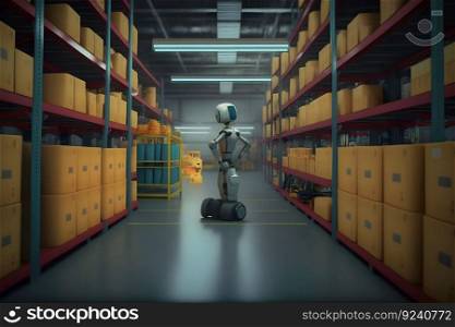 Innovative industry robot working in warehouse for human labor replacement . Concept of artificial intelligence for industrial revolution. Neural network AI generated art. Innovative industry robot working in warehouse for human labor replacement . Concept of artificial intelligence for industrial revolution. Neural network AI generated