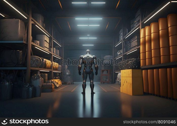 Innovative industry robot working in warehouse for human labor replacement. Neural network AI generated art. Innovative industry robot working in warehouse for human labor replacement. Neural network AI generated