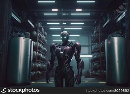 Innovative industry robot working in warehouse for human labor replacement. Neural network AI generated art. Innovative industry robot working in warehouse for human labor replacement. Neural network AI generated