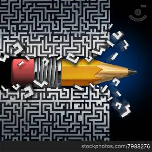 Innovative solution plan as a pencil trying to find way out of maze breaking through the labyrinth as a business concept and creative metaphor for strategy success and planning achievement.