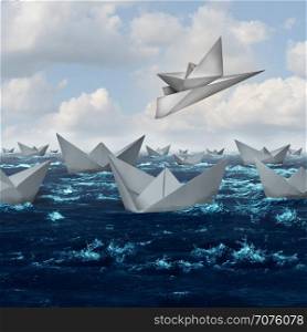 Innovative solutions and creative innovation concept as a paper boat being lifted up and taken away with an airplane as a competitive advantage in a 3D illustration style.