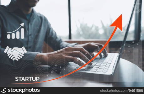 Innovative startup ideas. Businessman using laptop with graph chart of business growth. Network connections and finance investment concept. Virtual interface with icon business for marketing strategy