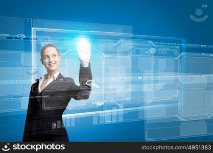 Innovative technologies. Attractive businesswoman touching icon of media screen