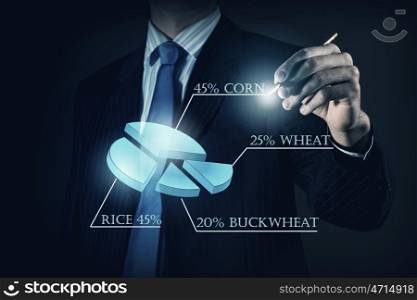 Innovative technologies for your business. Hand of businessman drawing virtual infographs on media screen