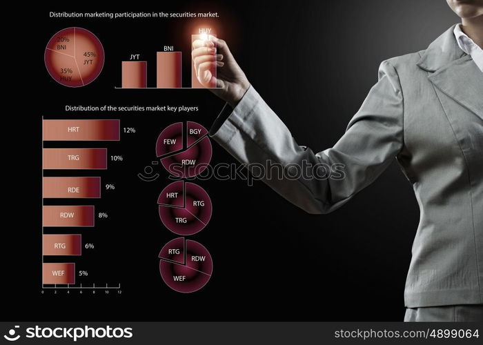 Innovative technologies for your business. Hand of businesswoman drawing virtual infographs on media screen