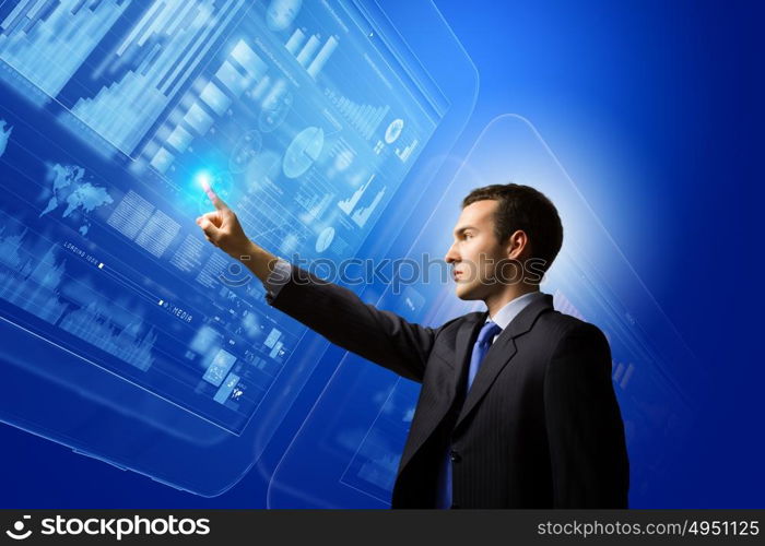 Innovative technologies. Image of businessman pushing icon of media screen. Marketing concept