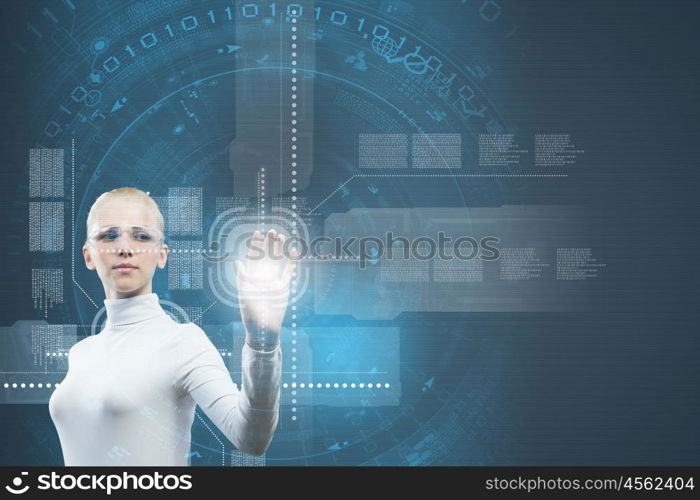 Innovative technologies. Woman in white touching icon of media screen