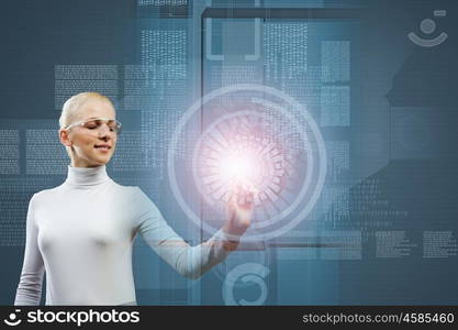 Innovative technologies. Woman in white touching icon of media screen