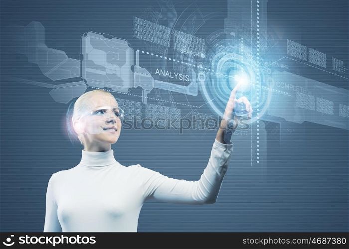 Innovative technologies. Woman in white touching icon of media screen
