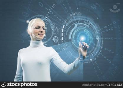 Innovative technologies. Woman in white touching icon of media screen