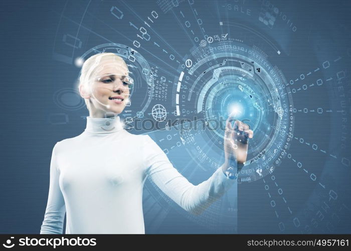 Innovative technologies. Woman in white touching icon of media screen