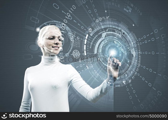 Innovative technologies. Young woman in white touching icon of media screen